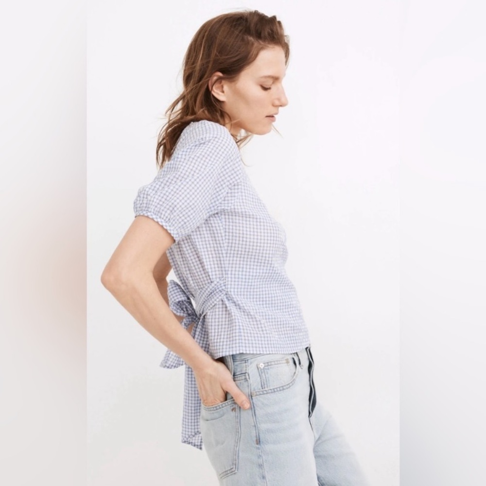 Madewell Blue and White Gingham Seersucker Wrap Top Size Medium - Picture 10 of 12